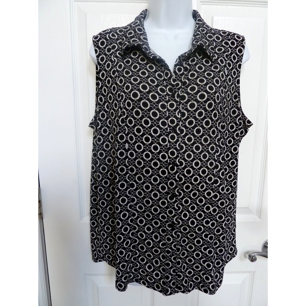 Kasper Womens Large Sleeveless Blouse Black White Chain Print Button Up Career